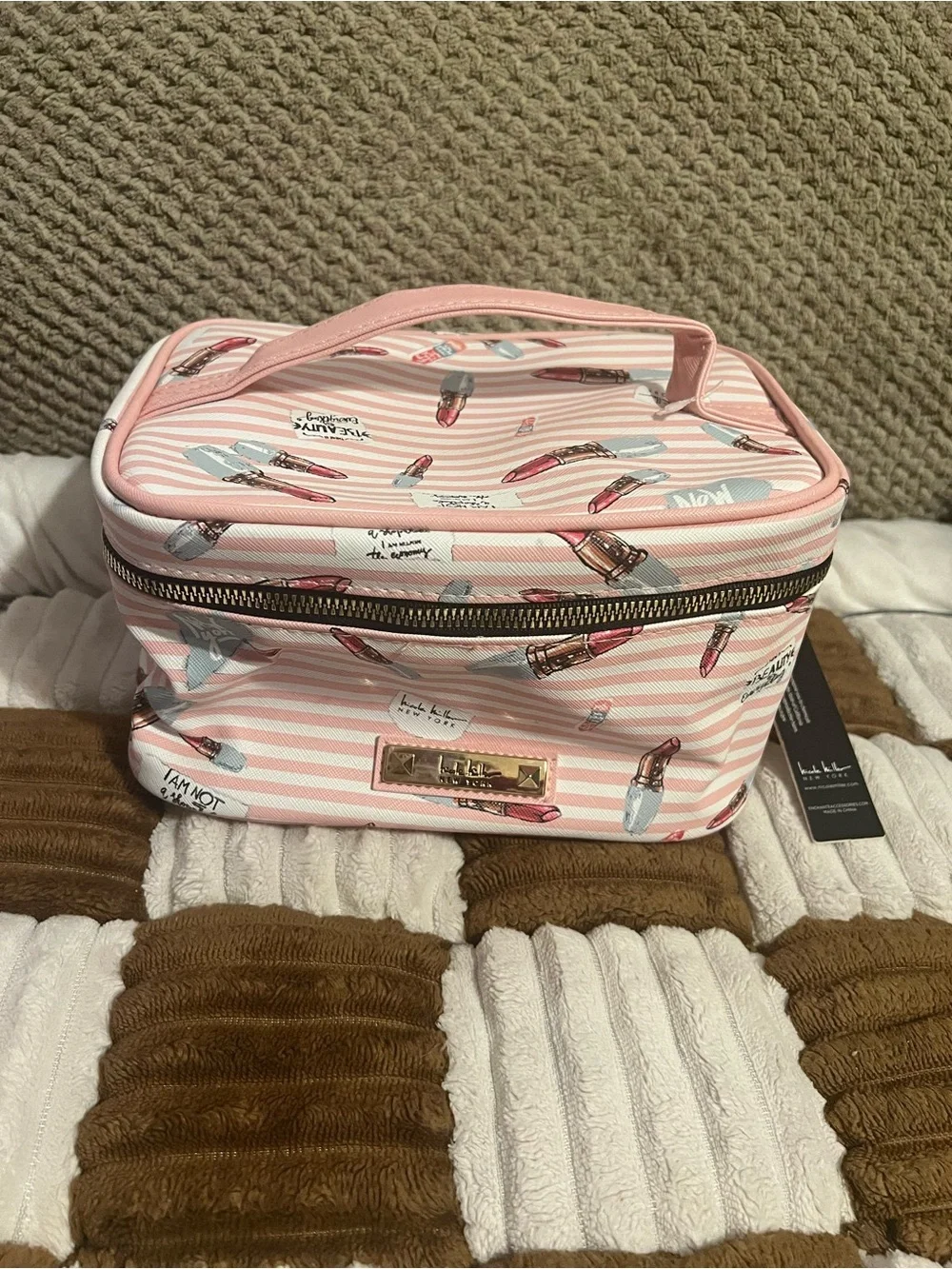 Pink Striped Cosmetic Train Case with Lipstick Print